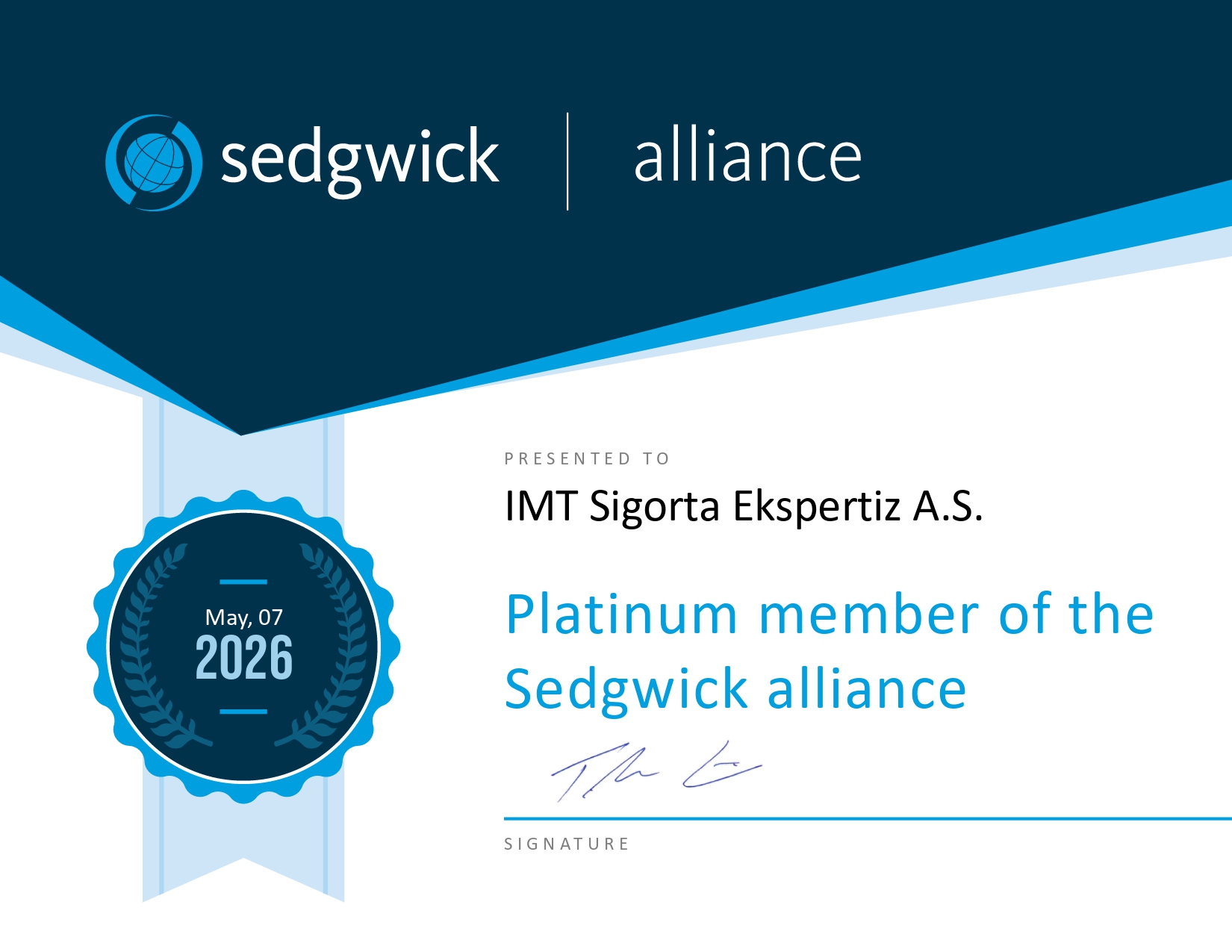 İMT Sigorta Ekspertiz, Sedgwick Alliance Platinum üyelik sertifikası 2026